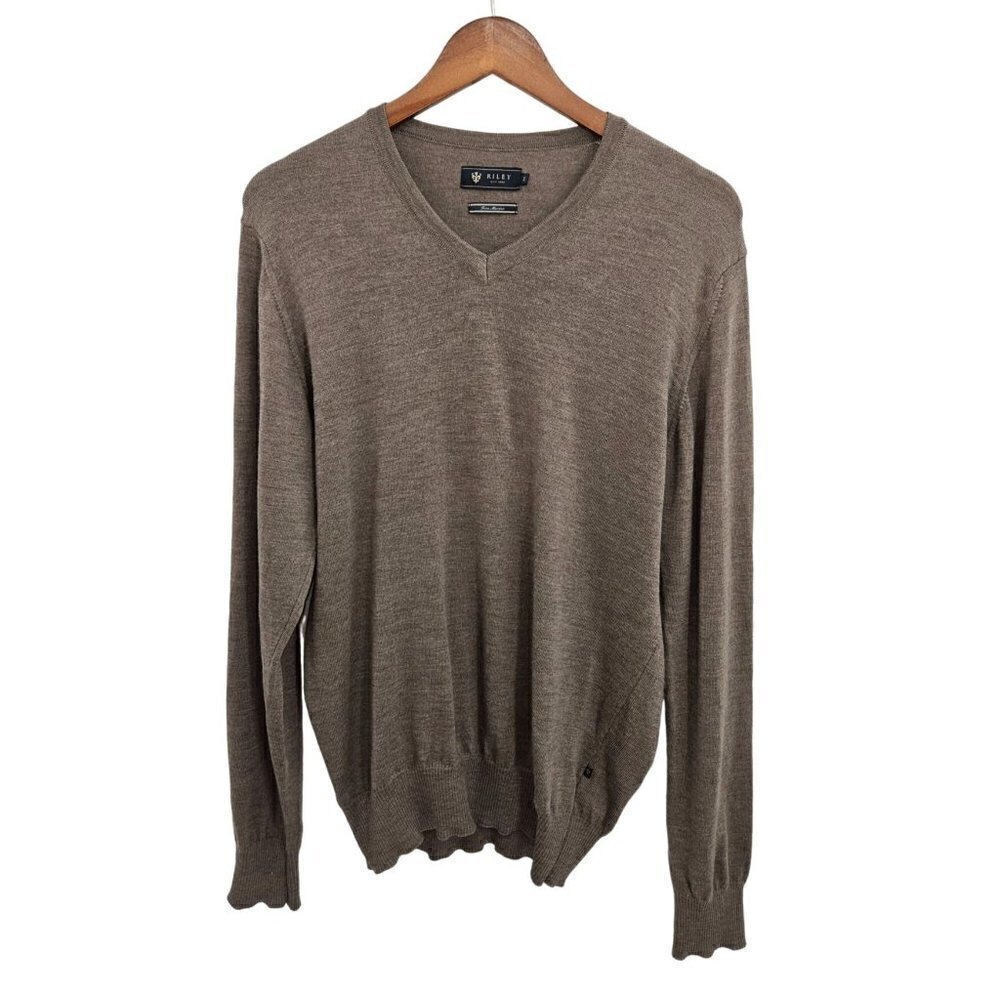 Riley Knit Sweater Merino Wool Womens Size Medium 8 10 Heather Brown V Neck Soft